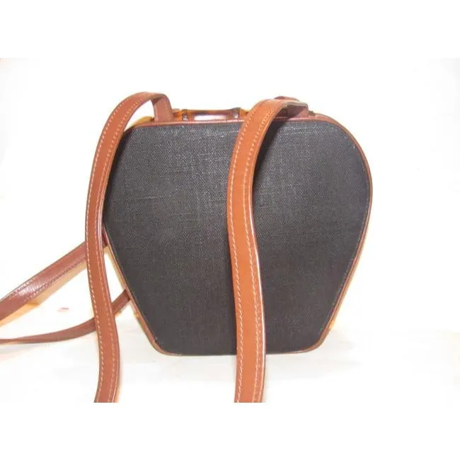 Gucci W Vtg Linenleather Top Handle Purse Accent Black Linenbrown Lthrbamboo Leather And Shoulder Ba