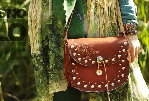 Handcraft retro crossbody leather rivet hand dyed shoulder bag /handbag for women