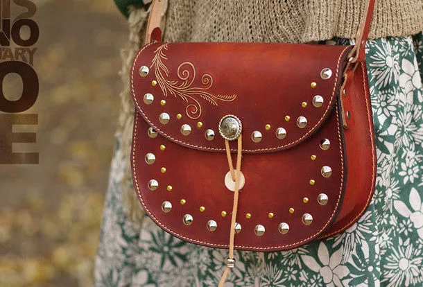Handcraft retro crossbody leather rivet hand dyed shoulder bag /handbag for women