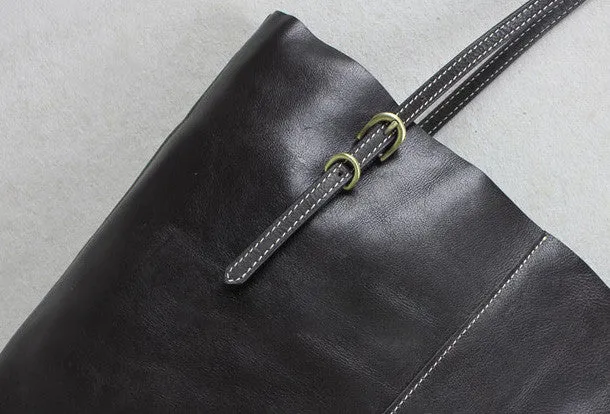 Handmade black leather tote bag vintage shoulder bag shopper bag women