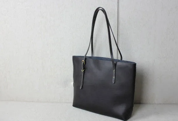 Handmade black leather tote bag vintage shoulder bag shopper bag women