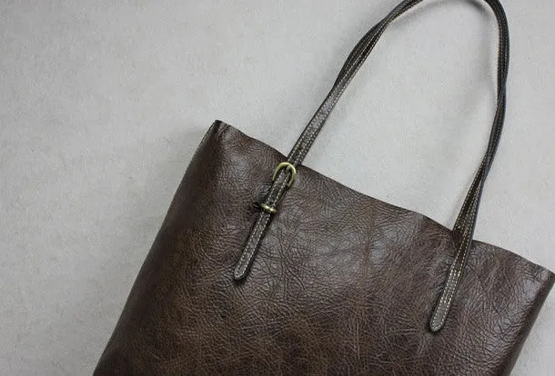 Handmade black leather tote bag vintage shoulder bag shopper bag women