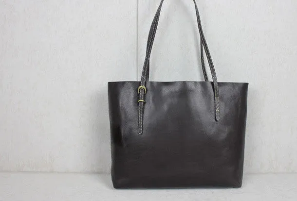 Handmade black leather tote bag vintage shoulder bag shopper bag women