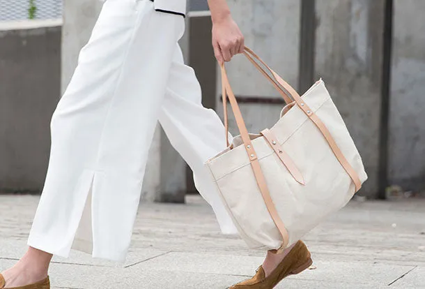 Handmade Canvas Leather purse handbag shoulder bag beige for women leather tote bag