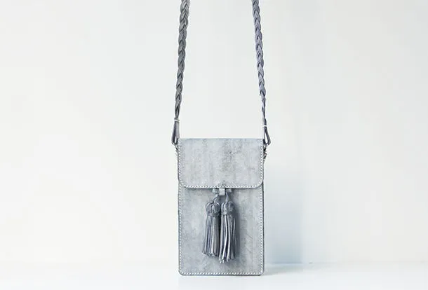 Handmade leather gray purse phone bag shoulder bag cossbody bag purse women