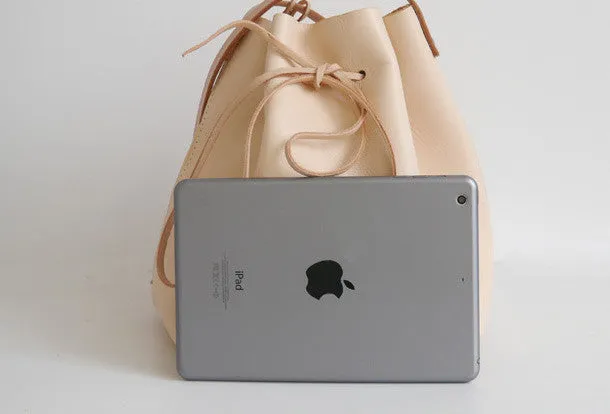 Handmade Leather shoulder bag bucket bag beige for women leather shoulder bag