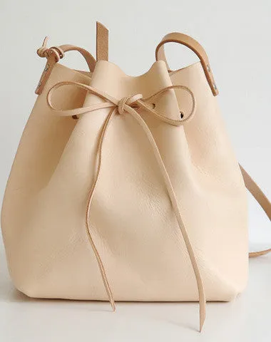 Handmade Leather shoulder bag bucket bag beige for women leather shoulder bag