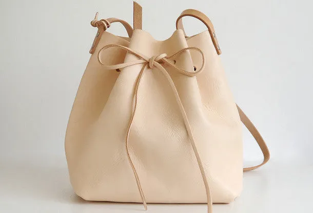 Handmade Leather shoulder bag bucket bag beige for women leather shoulder bag