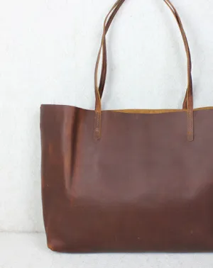 Handmade red brown leather tote bag vintage shoulder bag shopper bag women with inner