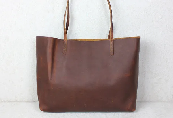 Handmade red brown leather tote bag vintage shoulder bag shopper bag women with inner