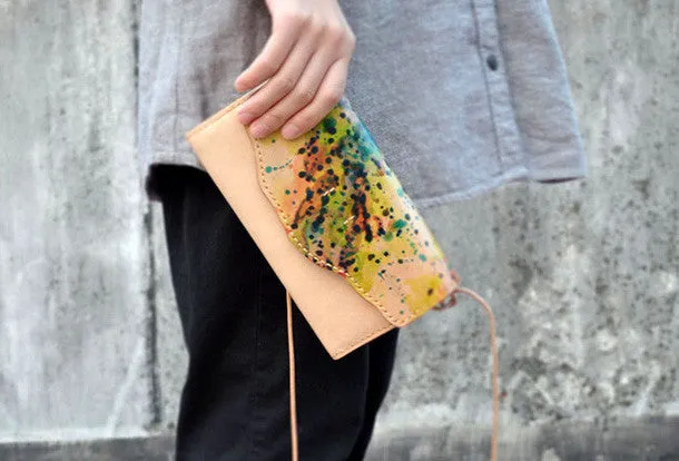 Handmade vintage leather clutch long wallet crossbody shoulder bag for women/lady girl