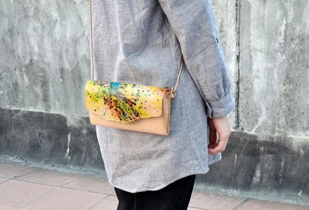 Handmade vintage leather clutch long wallet crossbody shoulder bag for women/lady girl