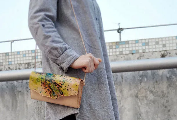 Handmade vintage leather clutch long wallet crossbody shoulder bag for women/lady girl