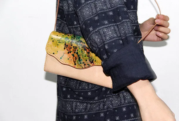 Handmade vintage leather clutch long wallet crossbody shoulder bag for women/lady girl