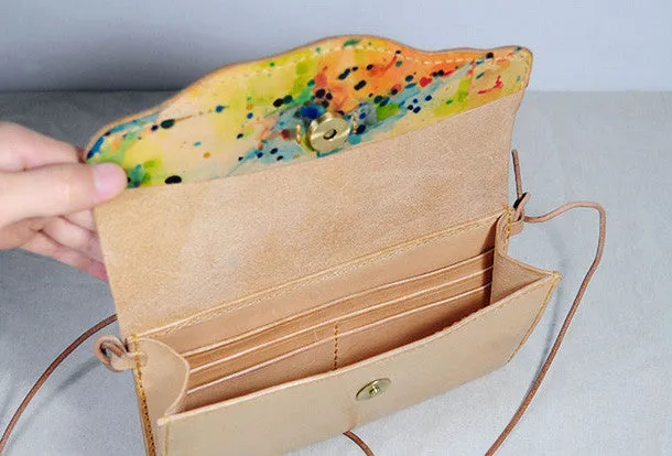 Handmade vintage leather clutch long wallet crossbody shoulder bag for women/lady girl