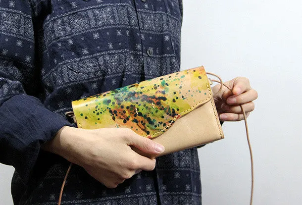 Handmade vintage leather clutch long wallet crossbody shoulder bag for women/lady girl
