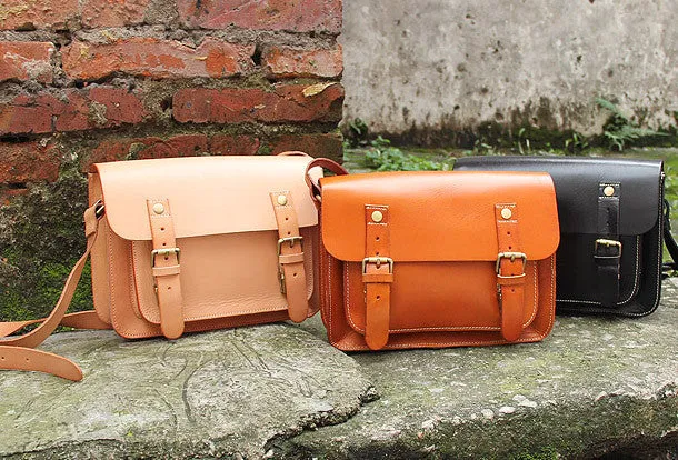 Handmade vintage satchel leather normal messenger bag black beige shoulder bag handbag for women