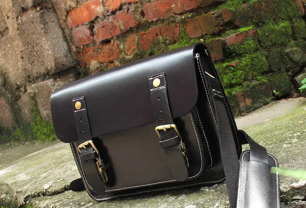 Handmade vintage satchel leather normal messenger bag black beige shoulder bag handbag for women