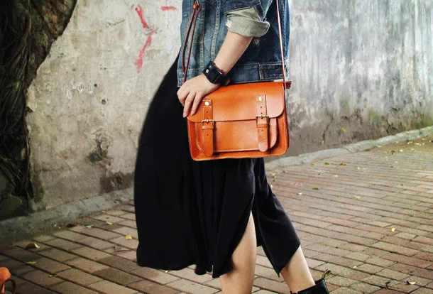 Handmade vintage satchel leather normal messenger bag black beige shoulder bag handbag for women