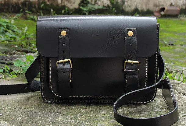 Handmade vintage satchel leather normal messenger bag black beige shoulder bag handbag for women