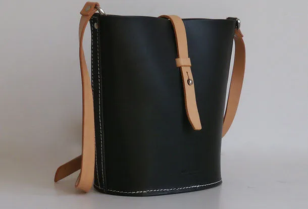 Handmade Womens Black Leather Shoulder Bucket Bag Barrel Purse for Women