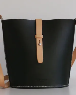 Handmade Womens Black Leather Shoulder Bucket Bag Barrel Purse for Women