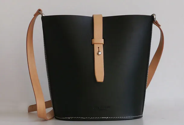 Handmade Womens Black Leather Shoulder Bucket Bag Barrel Purse for Women
