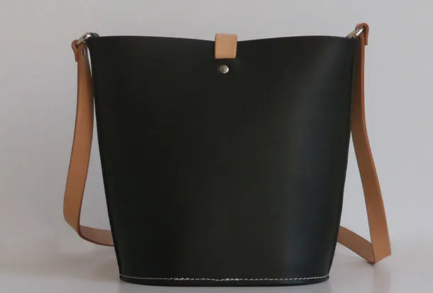 Handmade Womens Black Leather Shoulder Bucket Bag Barrel Purse for Women