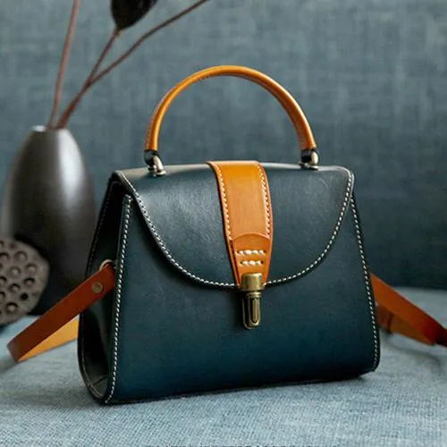 Handmade Women's Blue Leather Handbags Purse Vintage Small Handbag Shoulder Bag Purse