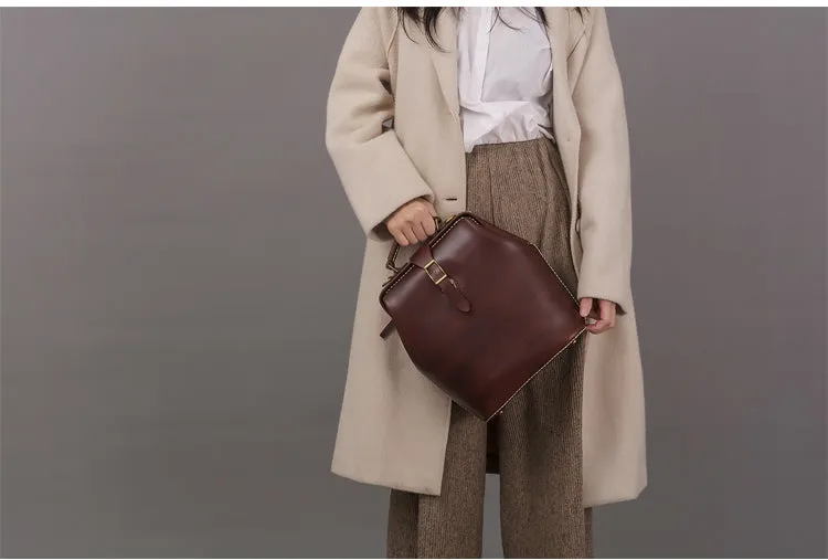 Handmade Womens Coffee Leather Doctor Backpack Purse Shoulder Doctor Handbag for Women