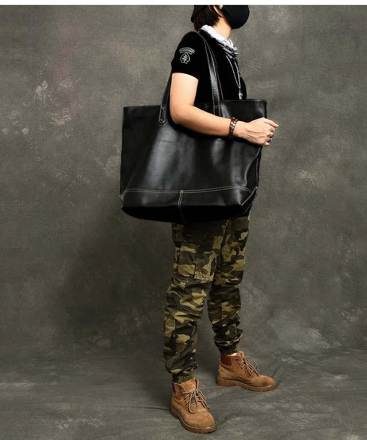 Leather Mens Womens 16" Large Shoulder Bag Black Tote Bag Large Side Bag For Men
