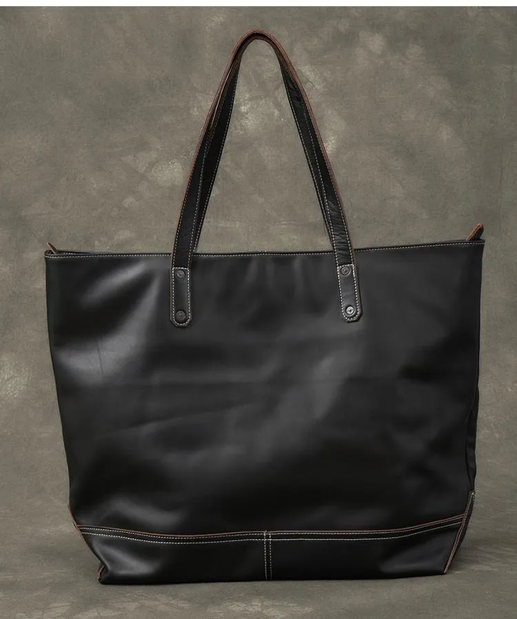 Leather Mens Womens 16" Large Shoulder Bag Black Tote Bag Large Side Bag For Men