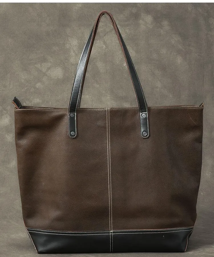 Leather Mens Womens 16" Large Shoulder Bag Black Tote Bag Large Side Bag For Men