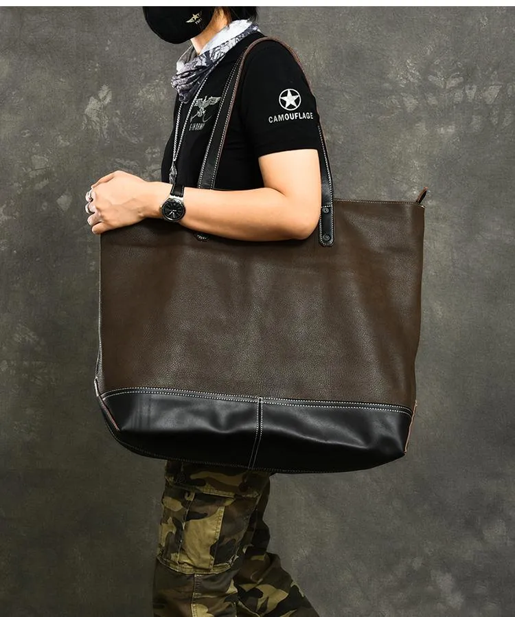 Leather Mens Womens 16" Large Shoulder Bag Black Tote Bag Large Side Bag For Men