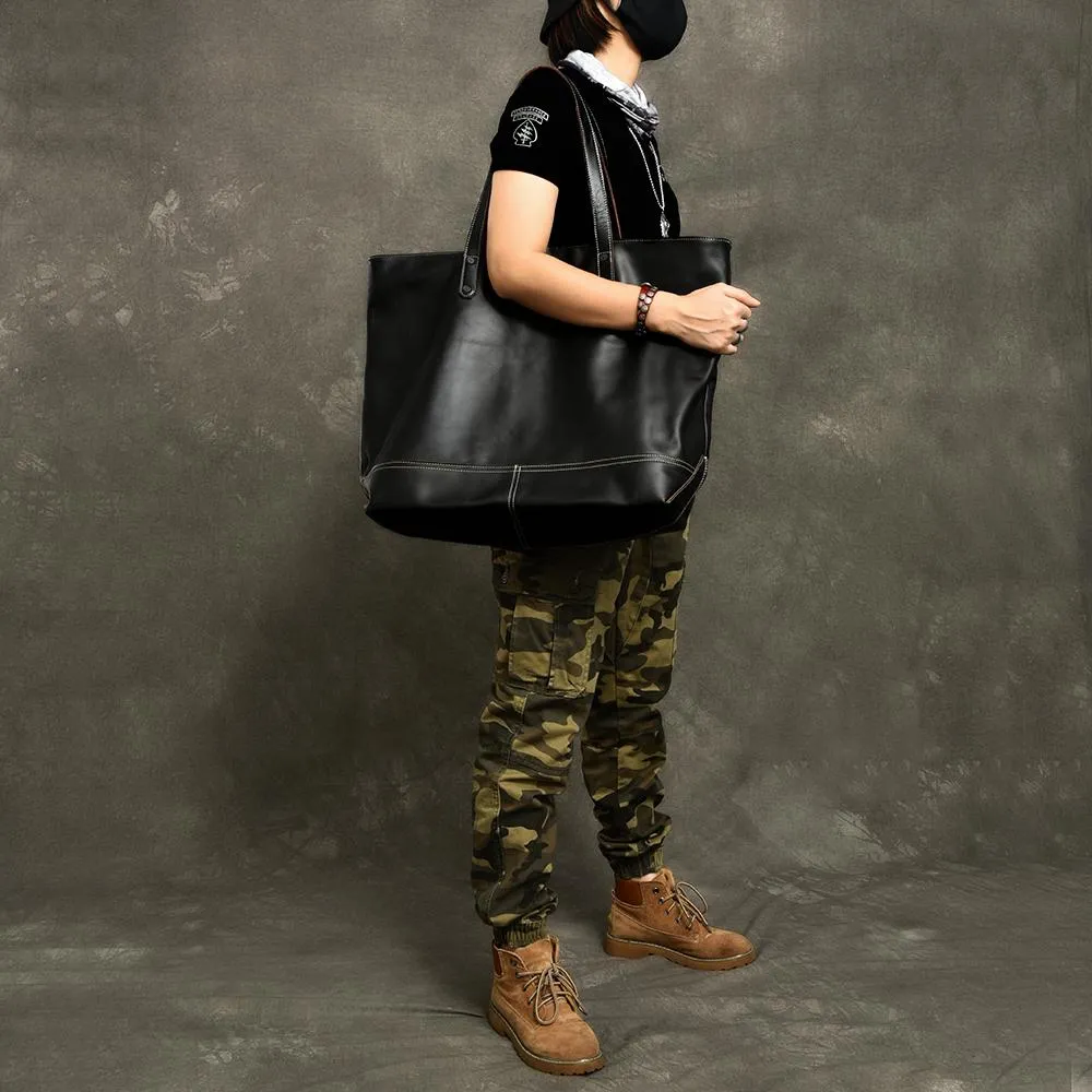 Leather Mens Womens 16" Large Shoulder Bag Black Tote Bag Large Side Bag For Men