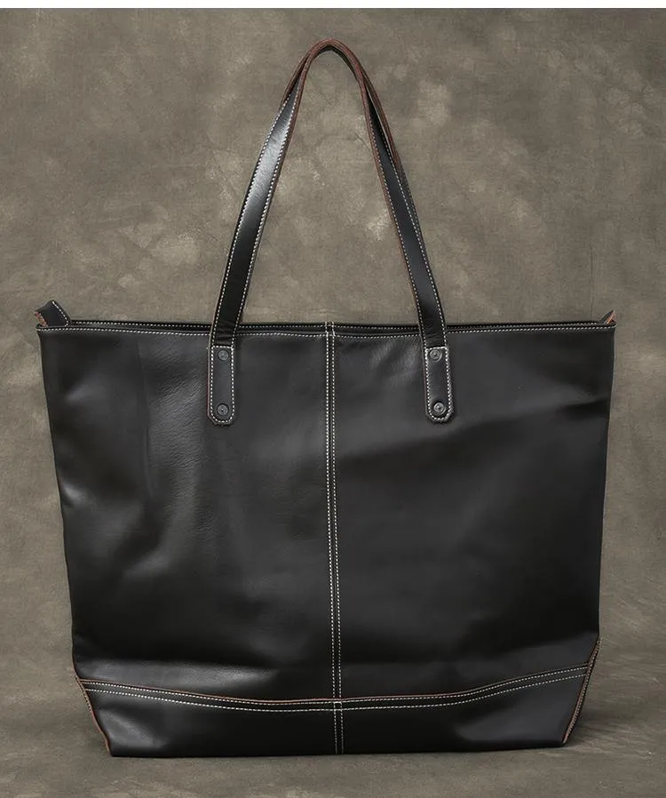 Leather Mens Womens 16" Large Shoulder Bag Black Tote Bag Large Side Bag For Men