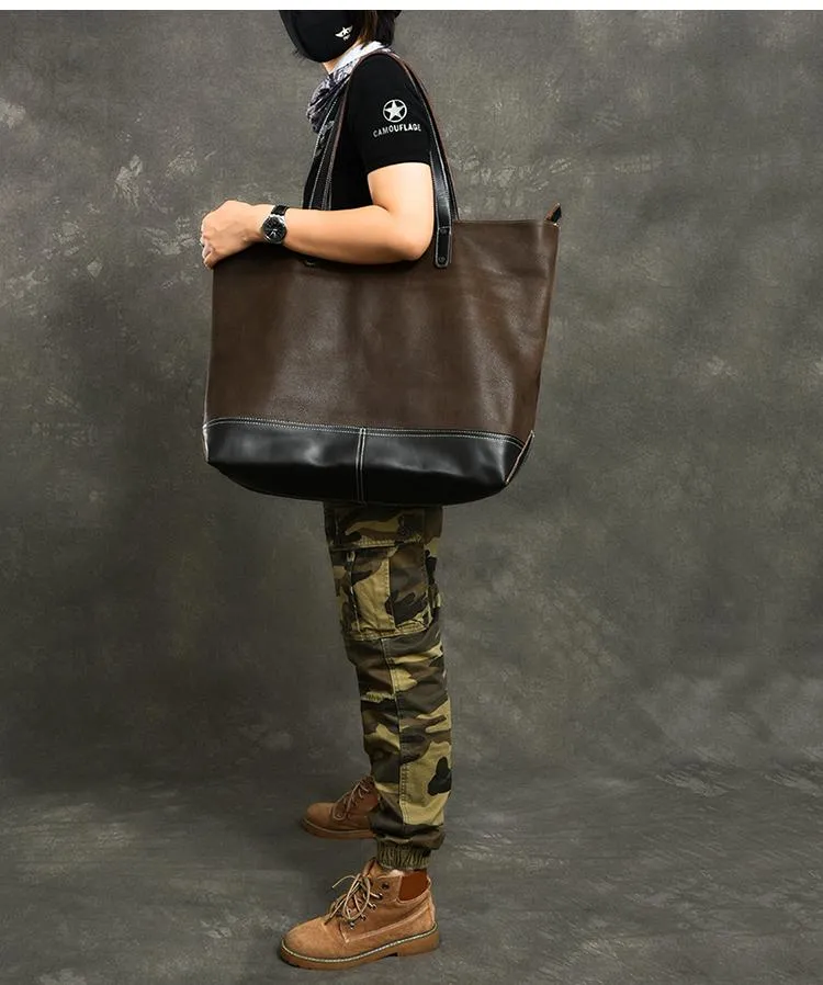Leather Mens Womens 16" Large Shoulder Bag Black Tote Bag Large Side Bag For Men