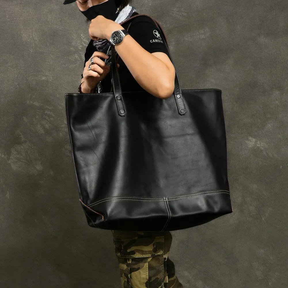 Leather Mens Womens 16" Large Shoulder Bag Black Tote Bag Large Side Bag For Men