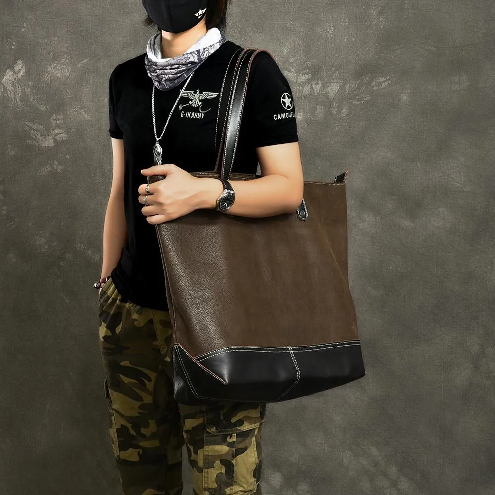 Leather Mens Womens 16" Large Shoulder Bag Black Tote Bag Large Side Bag For Men