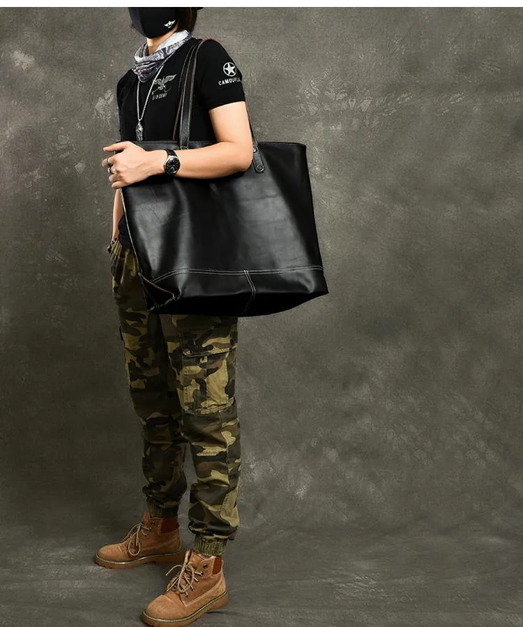 Leather Mens Womens 16" Large Shoulder Bag Black Tote Bag Large Side Bag For Men