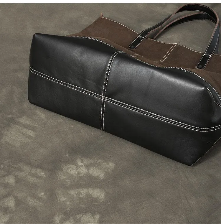 Leather Mens Womens 16" Large Shoulder Bag Black Tote Bag Large Side Bag For Men