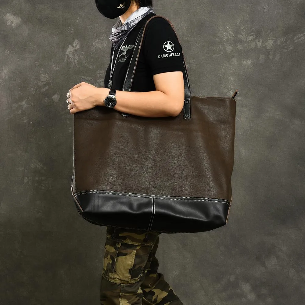 Leather Mens Womens 16" Large Shoulder Bag Black Tote Bag Large Side Bag For Men