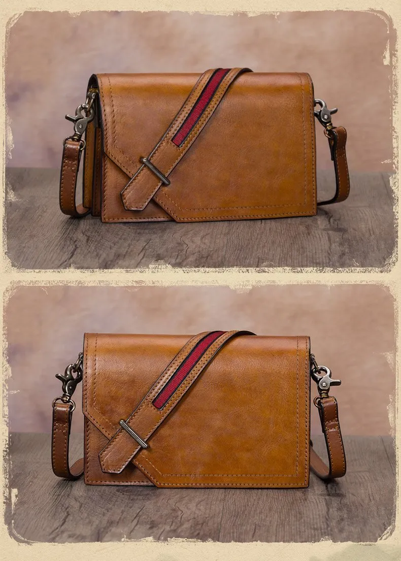 Leather Vintage Red Womens Side Bag Square Flap Over Satchel Shoulder Bag Crossbody Bag Purse for Ladies