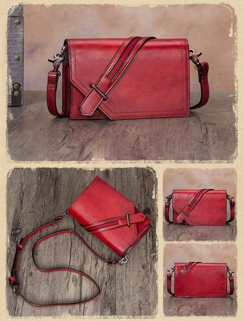 Leather Vintage Red Womens Side Bag Square Flap Over Satchel Shoulder Bag Crossbody Bag Purse for Ladies