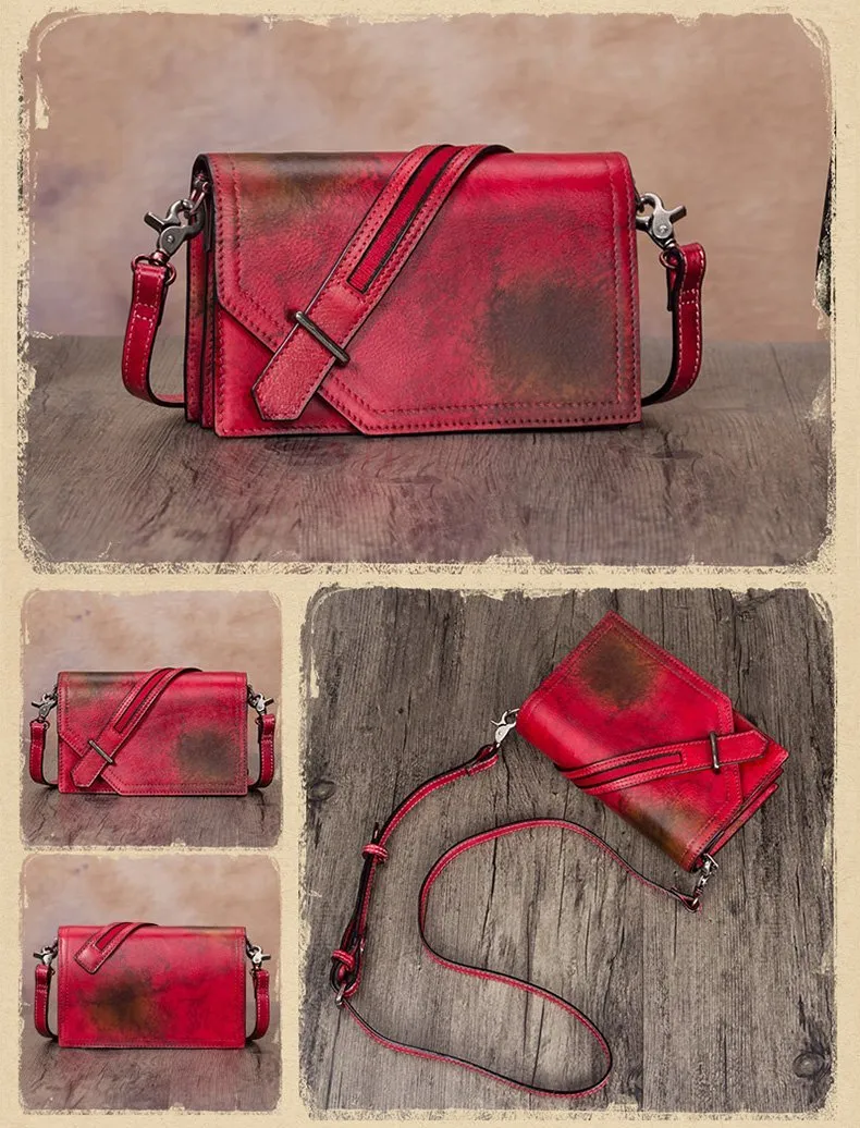 Leather Vintage Red Womens Side Bag Square Flap Over Satchel Shoulder Bag Crossbody Bag Purse for Ladies