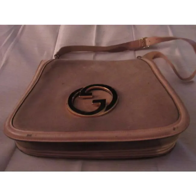 light greyish taupe suede and ivory leather, Gucci 'Blondie', saddle bag, envelope top, shoulder bag with a large, open gold 'GG' emblem