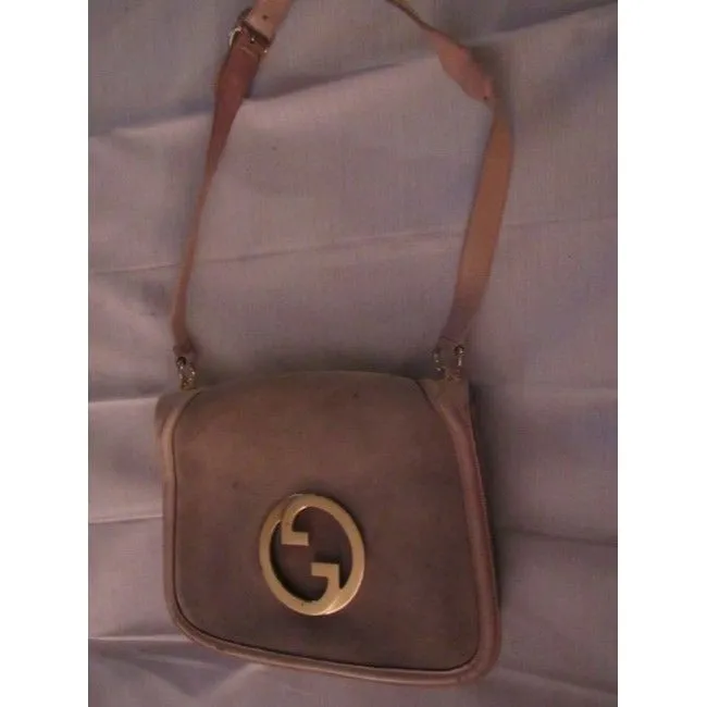 light greyish taupe suede and ivory leather, Gucci 'Blondie', saddle bag, envelope top, shoulder bag with a large, open gold 'GG' emblem