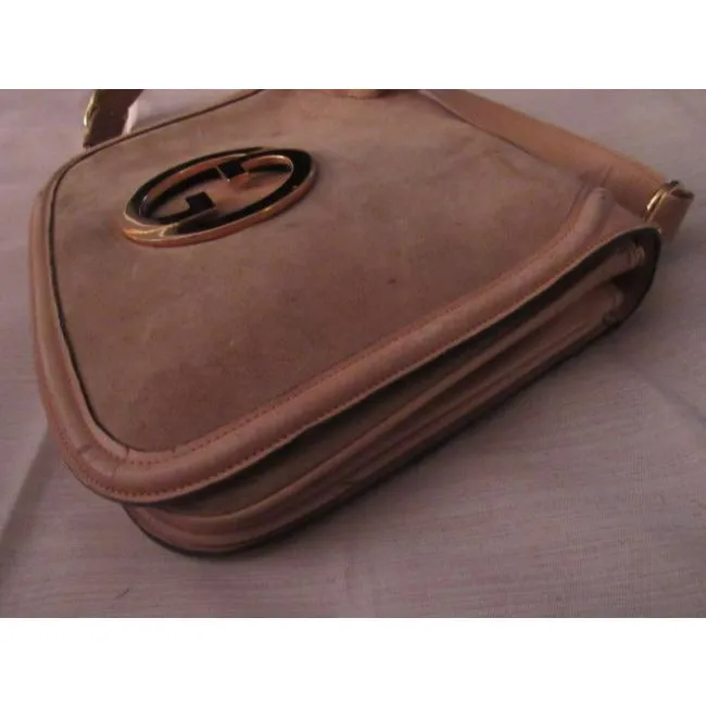 light greyish taupe suede and ivory leather, Gucci 'Blondie', saddle bag, envelope top, shoulder bag with a large, open gold 'GG' emblem