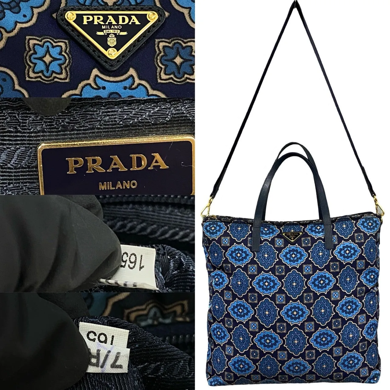 PRADA Shoulder Bag Nylon, Leather Navy Triangle logo Metal Floral pattern Women Used