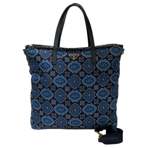 PRADA Shoulder Bag Nylon, Leather Navy Triangle logo Metal Floral pattern Women Used
